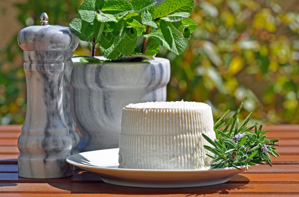 Corsican brocciu cheese presented on the plate with fresh rosemary and mint.