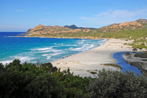 View of the white powder dunes of the Ostriconi beach in Corsica.