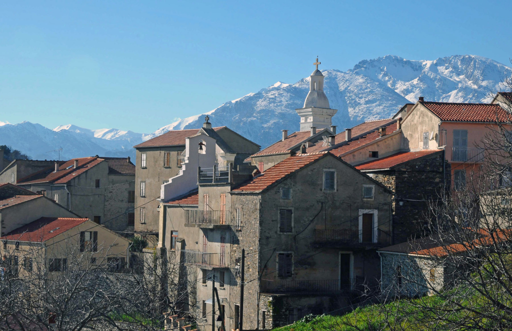 Rooftops of the picturesque perched village in Corsica's interior in winter.
