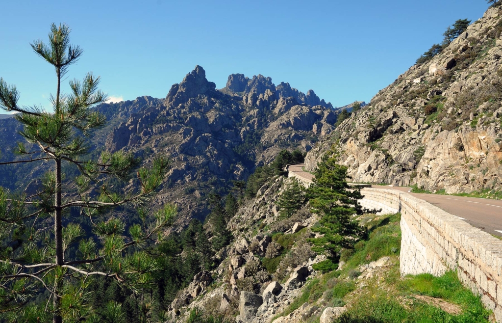 A windy road with sheer drops braced by rocky spikes of Bavella in the Alta Rocca mountains.