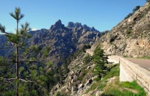 A windy road with sheer drops braced by rocky spikes of Bavella in the Alta Rocca mountains.