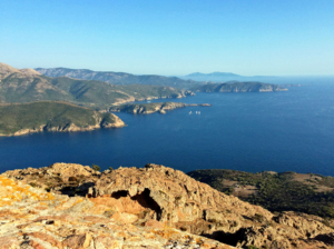 Breath-taking panorama of the Gulf of Sagone seen from the top of the Capu Rossu summit.