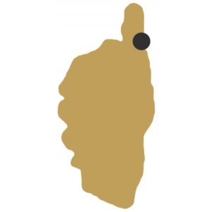 A map of Corsica with a location of Bastia indicated.