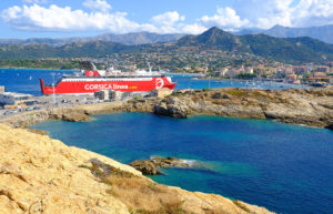 Corsica Linea passenger ferry ship docked at the bustling port of L'Ile Rousse.