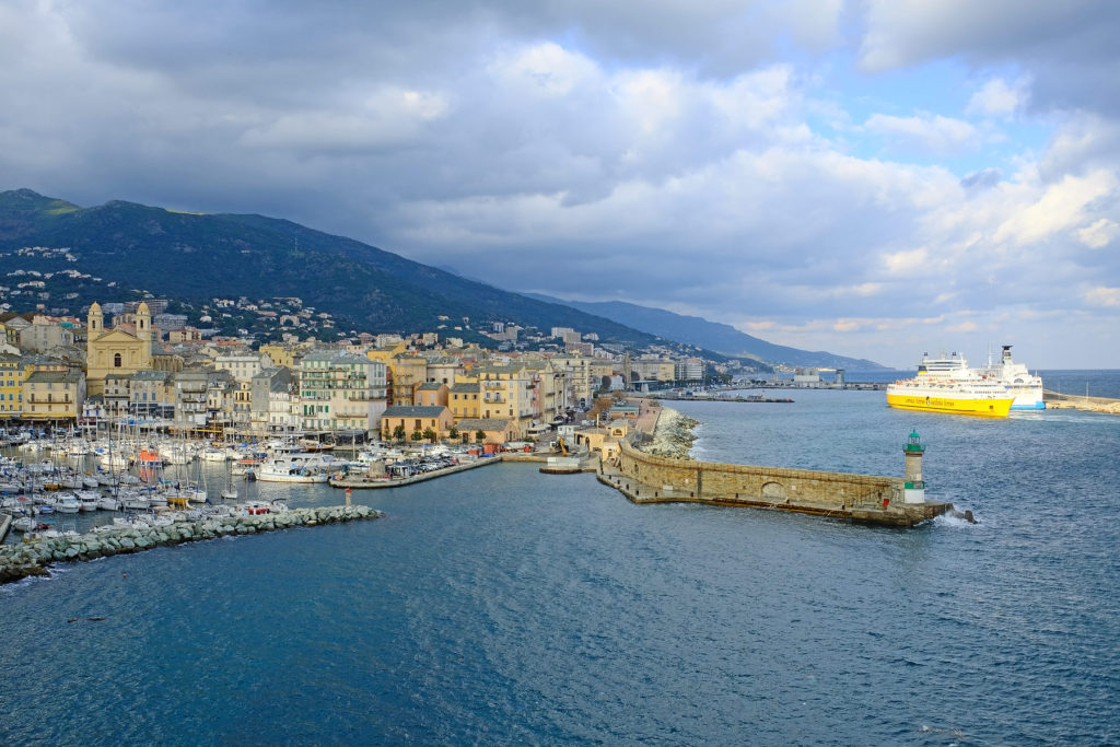 Corsica Ferries vessel arriving at the busy port of Bastia.