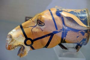 Vividly decorated rhyton in the form of a mule's head dating back to the 4C BC.