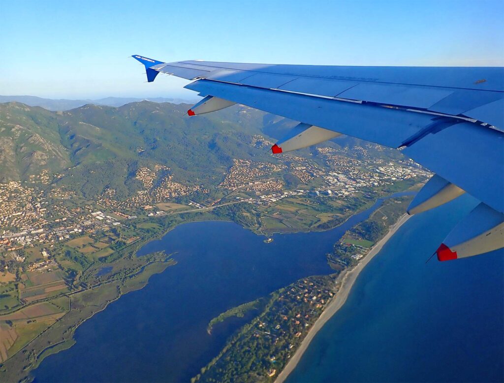 Etang de Biguglia and the outskirts of Bastia, Corsica's northern capital, viewed from the Air Corsica plane.