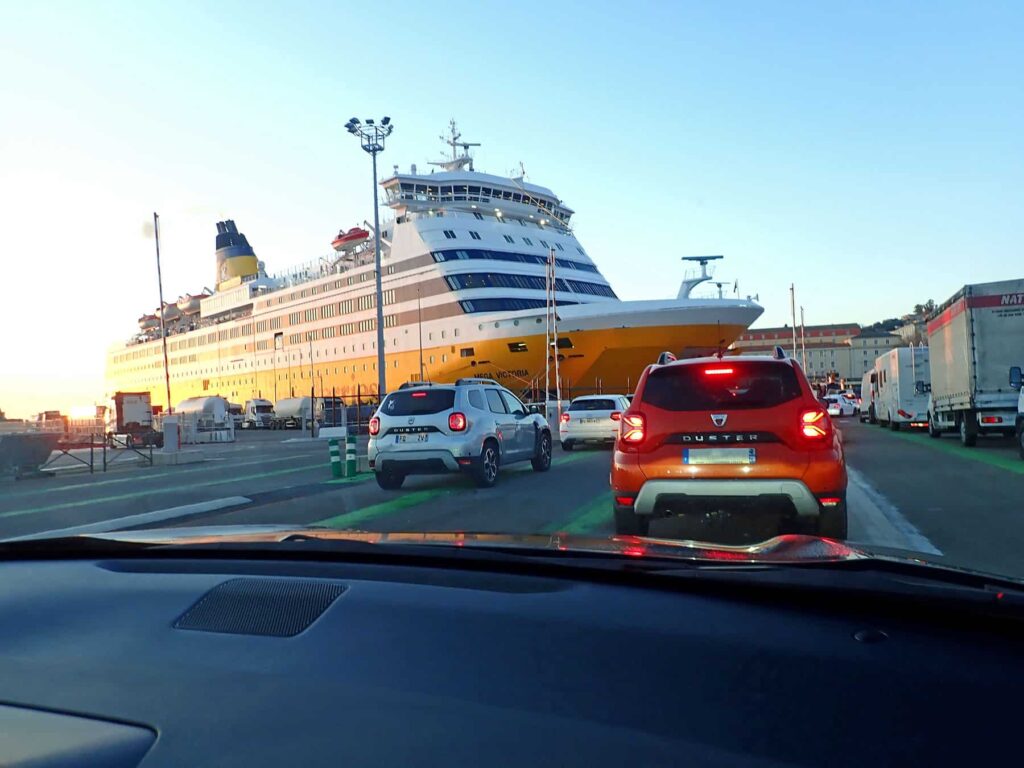 Corsica Ferries early-morning embarkation on the Bastia-Livorno crossing.