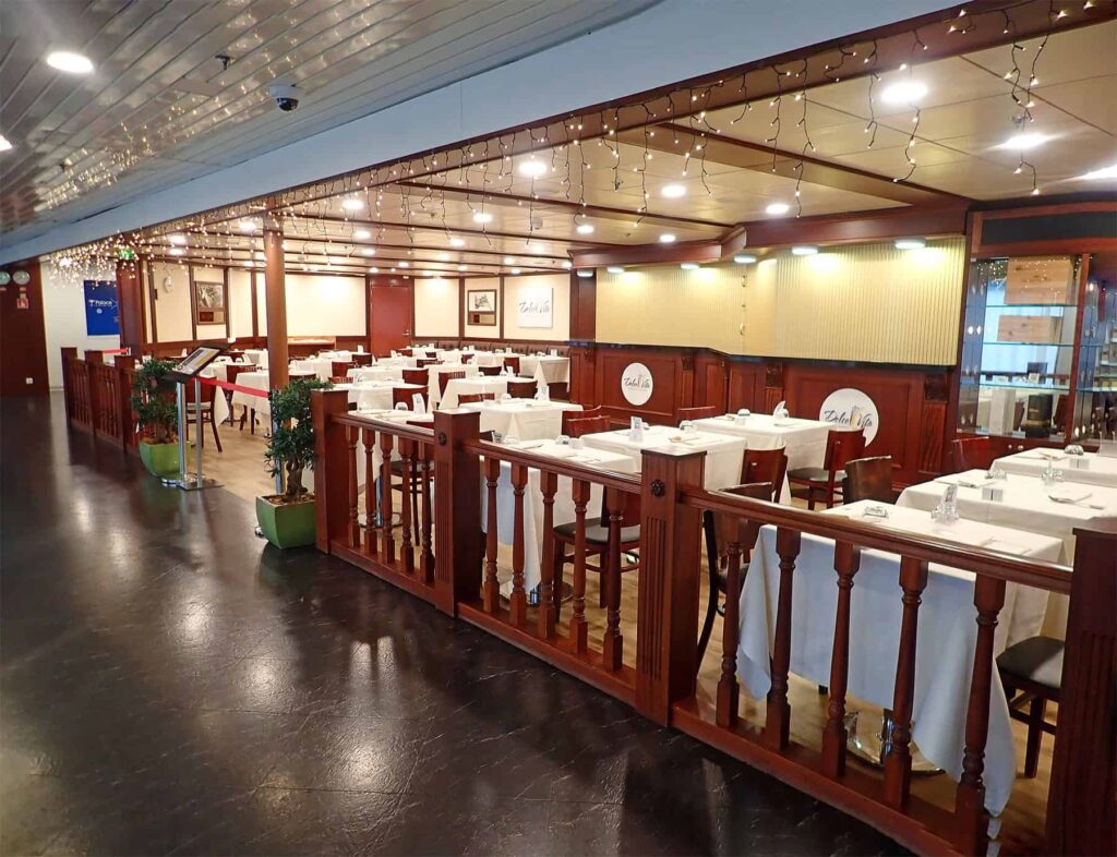 The onboard Dolce Vita restaurant offers Italian specialities from an a la carte or a set menu.