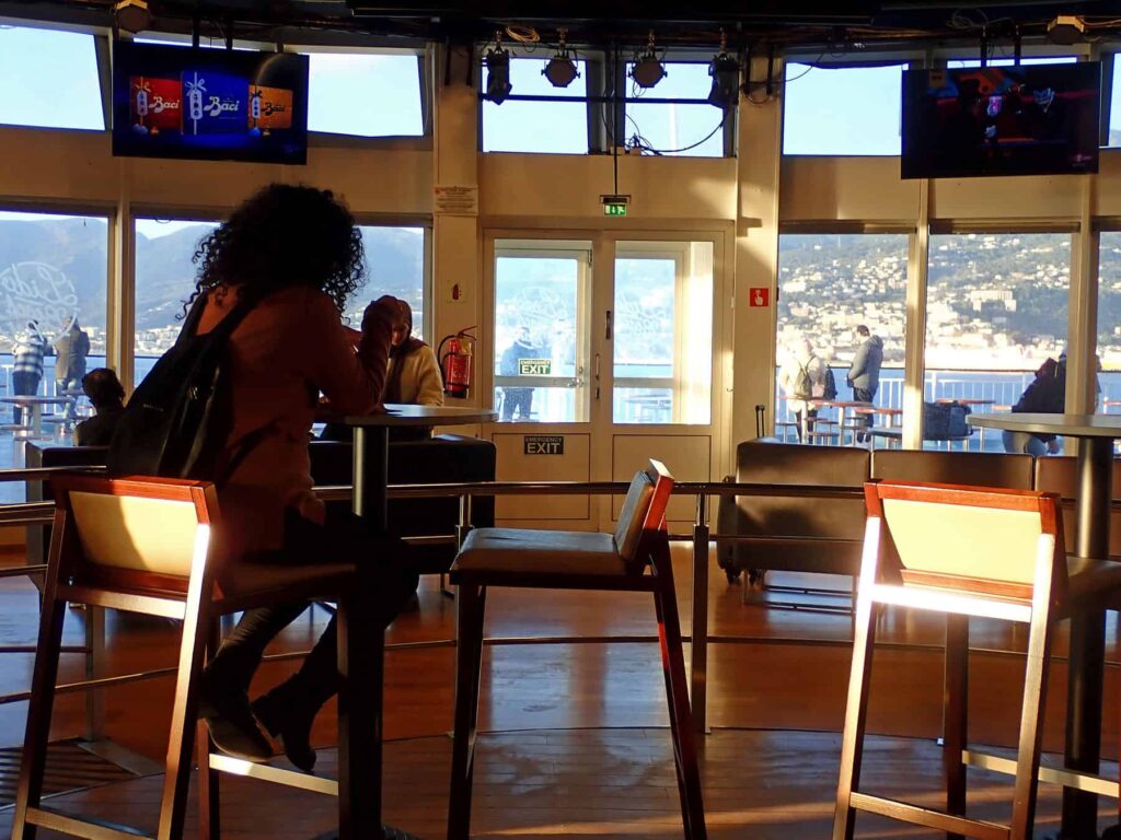 Ferry's public areas include panoramic lounges where you may admire stunning Mediterranean scenery.