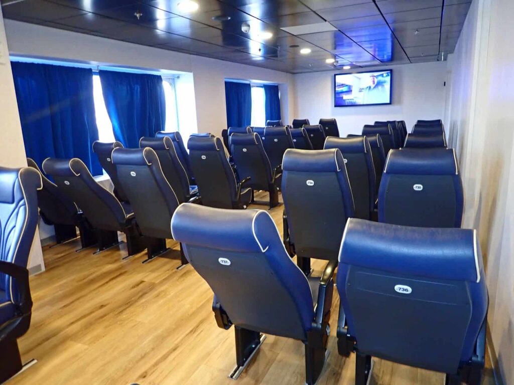 Onboard ferry amenities include reclining seats where you can comfortably relax or enjoy a nap.