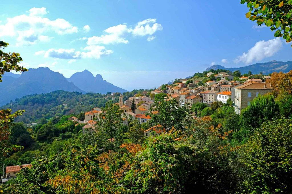Evisa, a picturesque mountain village nestled in Corsica's rugged interior near the dramatic Spelunca Gorge.