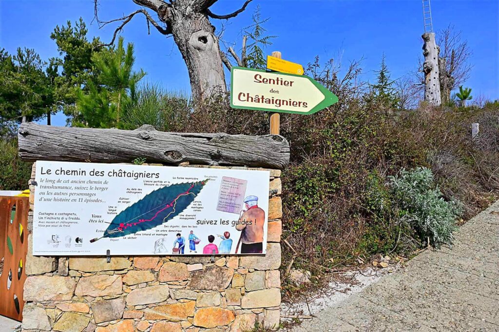 A large information sign marks the beginning of the forest trail to Aitoine pools.