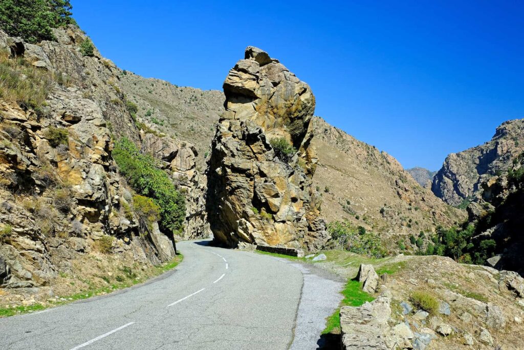 Corsica’s roads are mostly narrow and winding, with few straight or flat stretches in coastal regions.