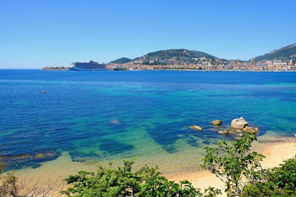 Aspretto Beach, located close to the city, affords stunning views of Ajaccio and its port.