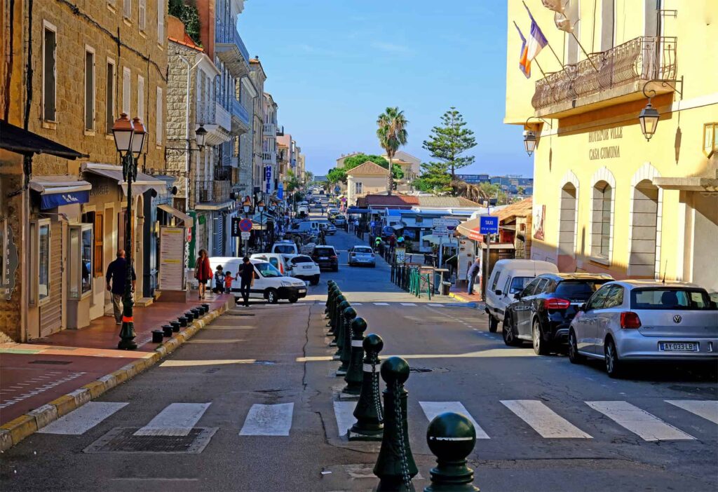 Propriano's main street, dotted with restaurants and shops, runs along the waterfront.