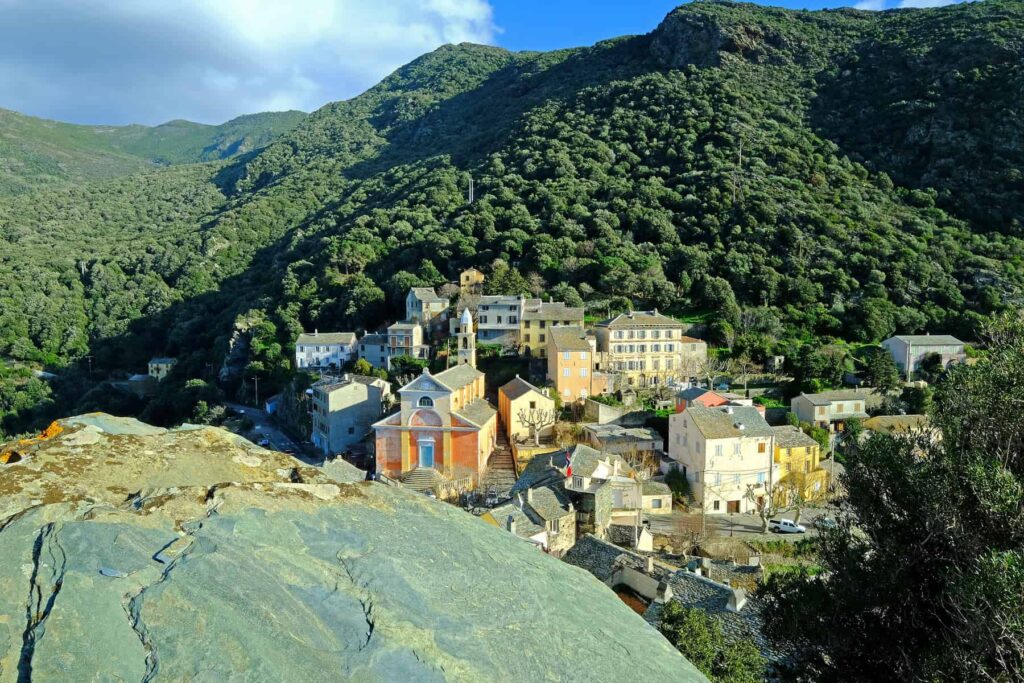 Nonza’s traditional houses gathered around the Church of Sainte-Julie.