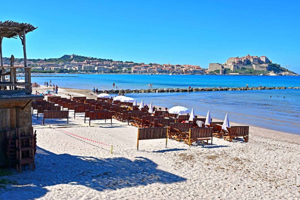 With calm turquoise waters and views towards the Citadel, Calvi Beach is one of northern Corsica’s most inviting shores.