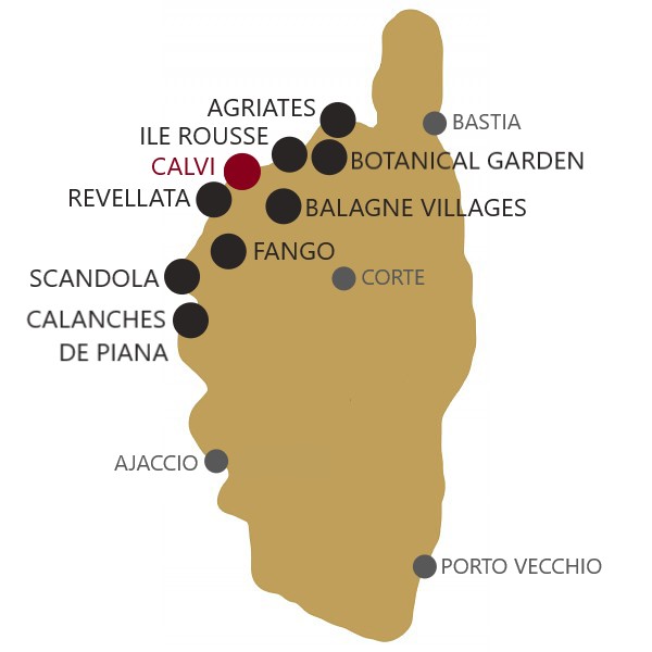 A 7-Day Corsica itinerary from Calvi map with all destinations marked.